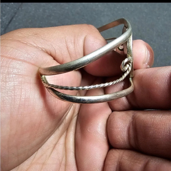 Vintage TAXCO Mexico Alpaca Silver Tone Cuff Purple Inlay Ornate Heart Bracelet - Picture 3 of 8